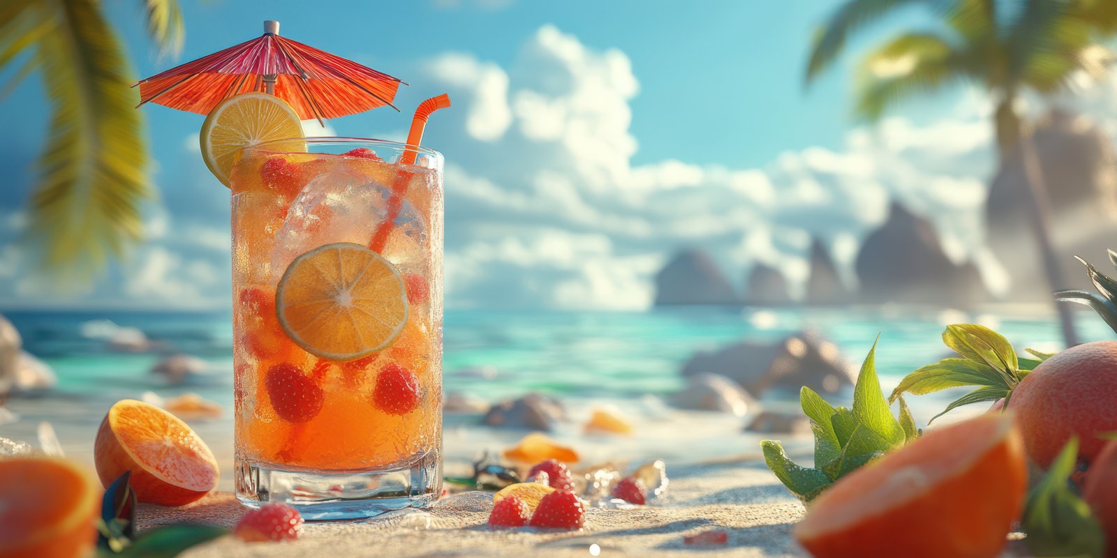 Refreshing tropical cocktail on a sandy beach under a vibrant umbrella during a sunny day